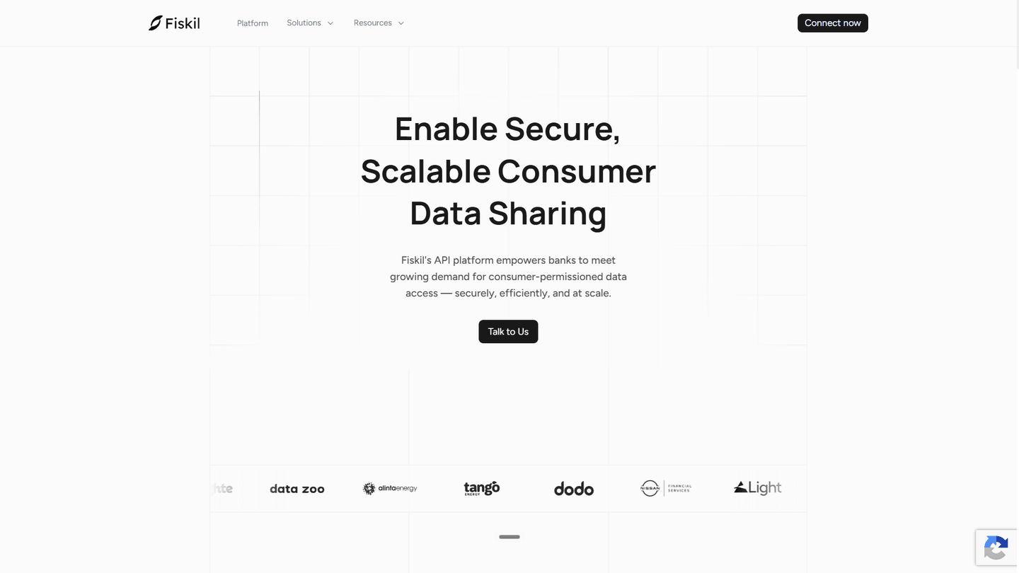 Marketing hero headlined 'Enable Secure, Scalable Consumer Data Sharing' above a strip of partner logos.