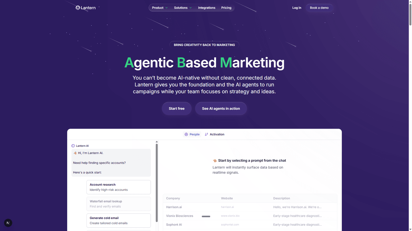 Dark starfield hero reading 'Agentic Based Marketing' above a product panel pairing an AI chat with a company research table.