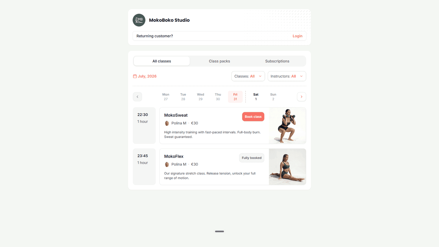 Class booking page with a week-strip date picker and timed class cards showing instructor, price and a Book class button.