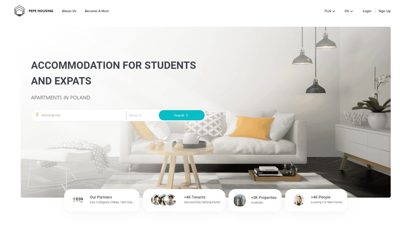 Rental homepage hero headlined 'Accommodation for students and expats', with a search-by-city bar and stat cards for tenants and properties.