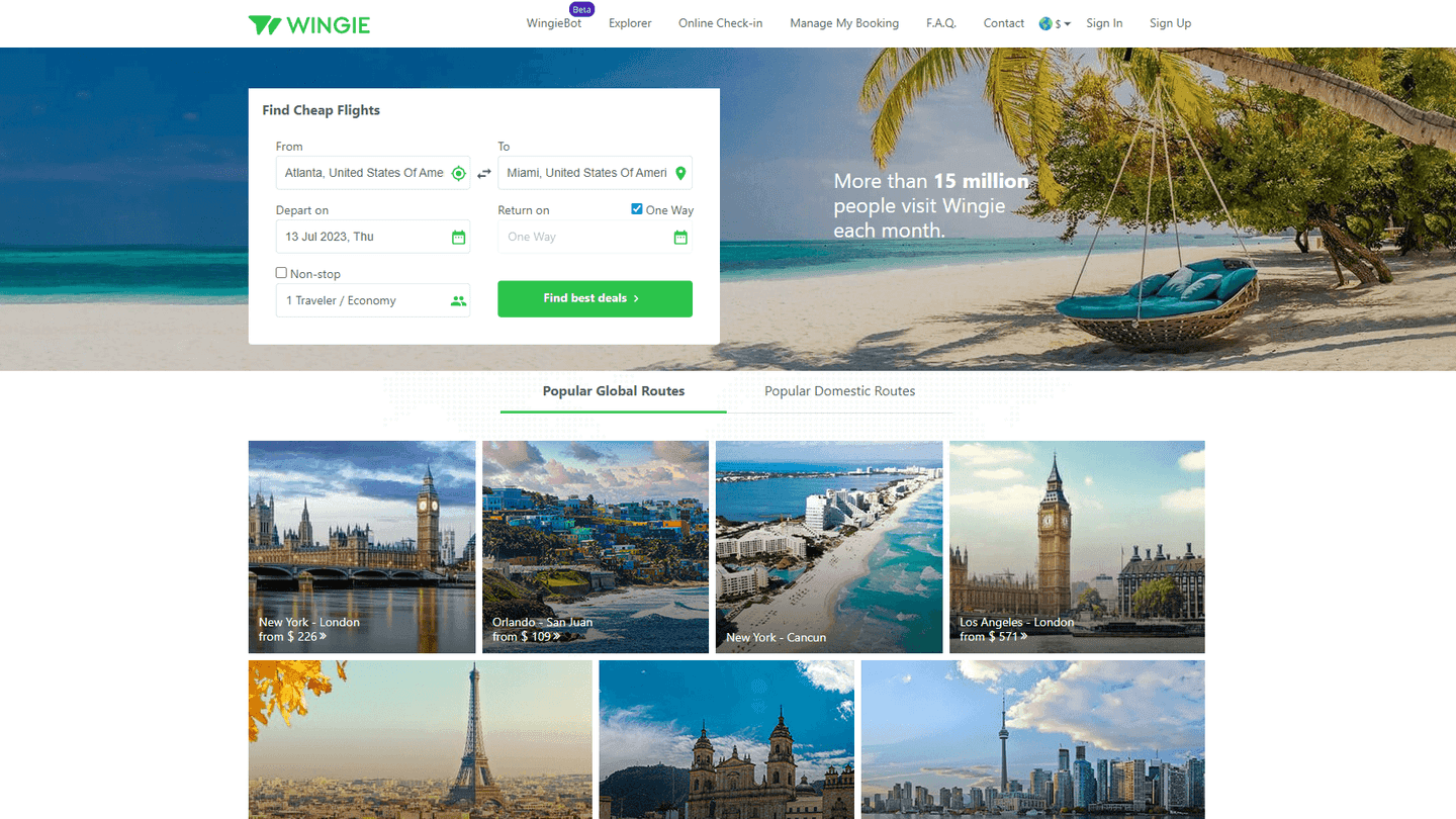 Flight search homepage with a 'Find Cheap Flights' form over a beach photo, above a grid of popular route cards with fares.
